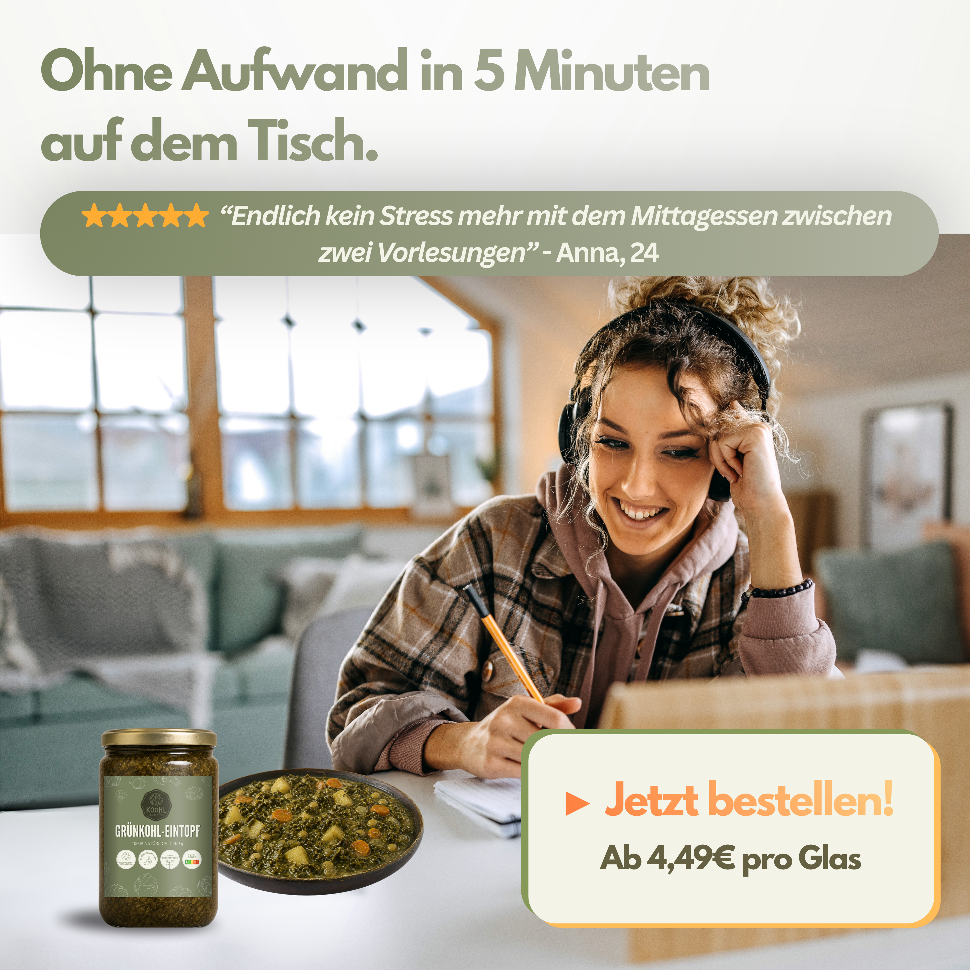 Studentin isst Koohl Grünkohl-Eintopf in ihrer WG